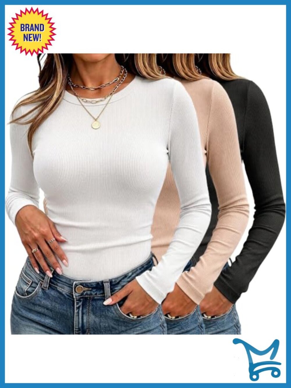 Ribbed Knit Long Sleeve Crew Neck Slim Fit Tops 3 Pack Rayon Spandex